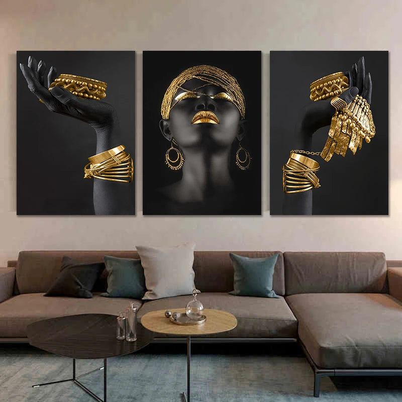 African Woman Wall Art Painting Posters And Print Big Black Woman Holding Gold Jewelry Canvas Picture For Living Room Home Decor