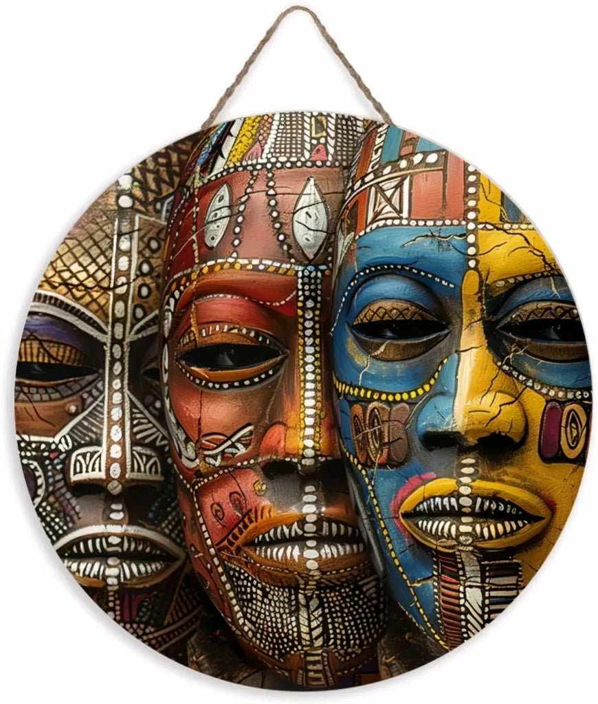 Unique African Mask Circular Wooden Sign with Artistic Design, Suitable for Home, Caf É, Bar, Office, Party Decoration, Gifts