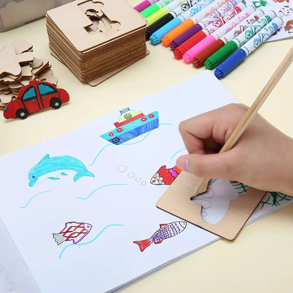 20pcs Montessori Kids Toys Drawing Toys Wooden DIY Painting Template Stencils Learning Educational Toys for Children Gift