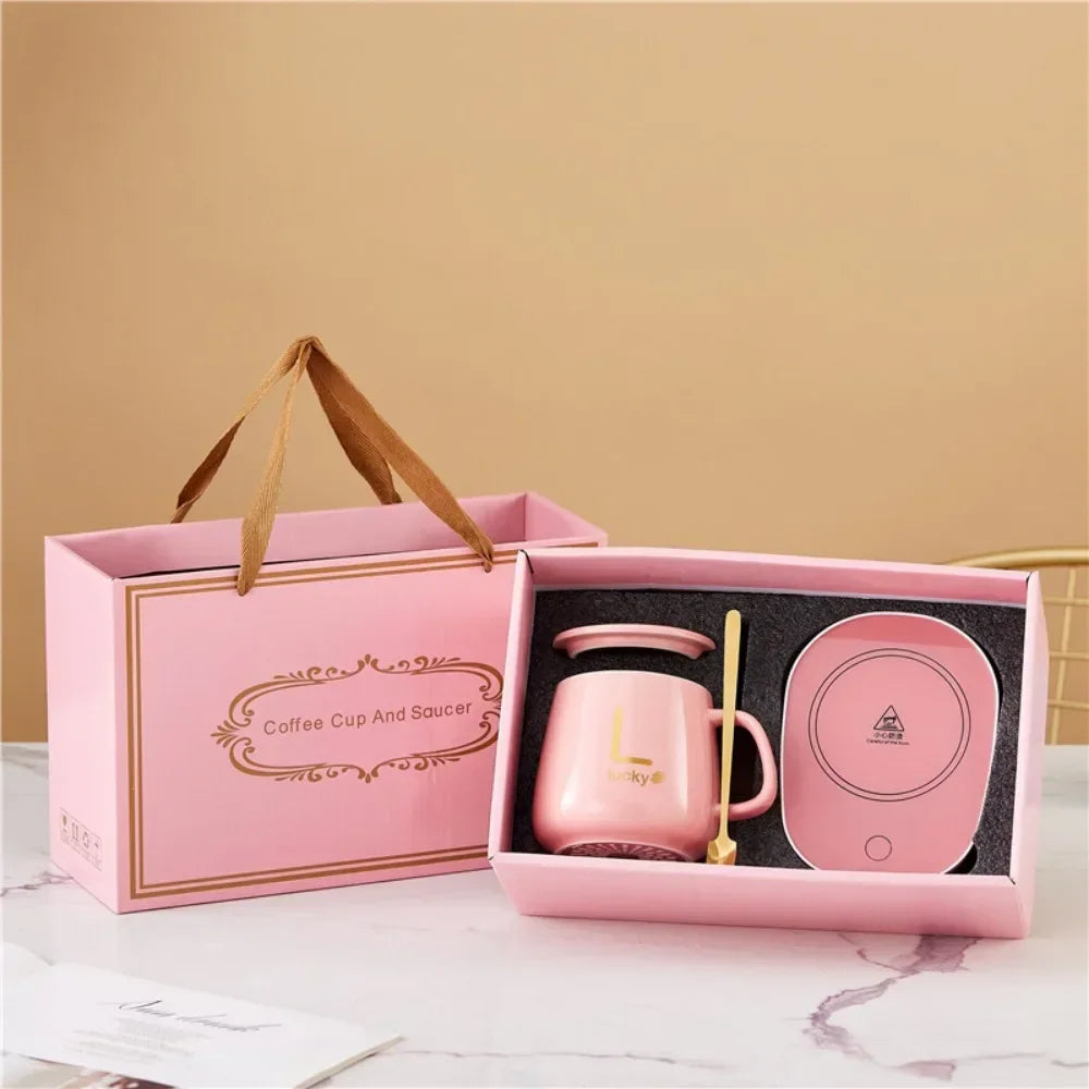 55 degrees Thermostat Cup gift box set warm ceramic cup mugs with Spoon and Storage Bag Set  Folding Spoon for Portable Meals