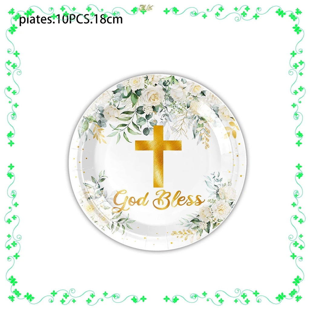 White Watercolor Green Leaf Cross Themed Baby Shower Party Tableware Set First Communion Party Decoration Supplies