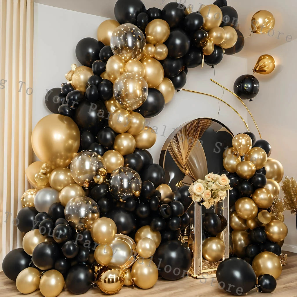 Black and Gold Balloons Garland Arch Kit With Gold Confetti Balloons For New Years Wedding Birthday Party Decoration Anniversary