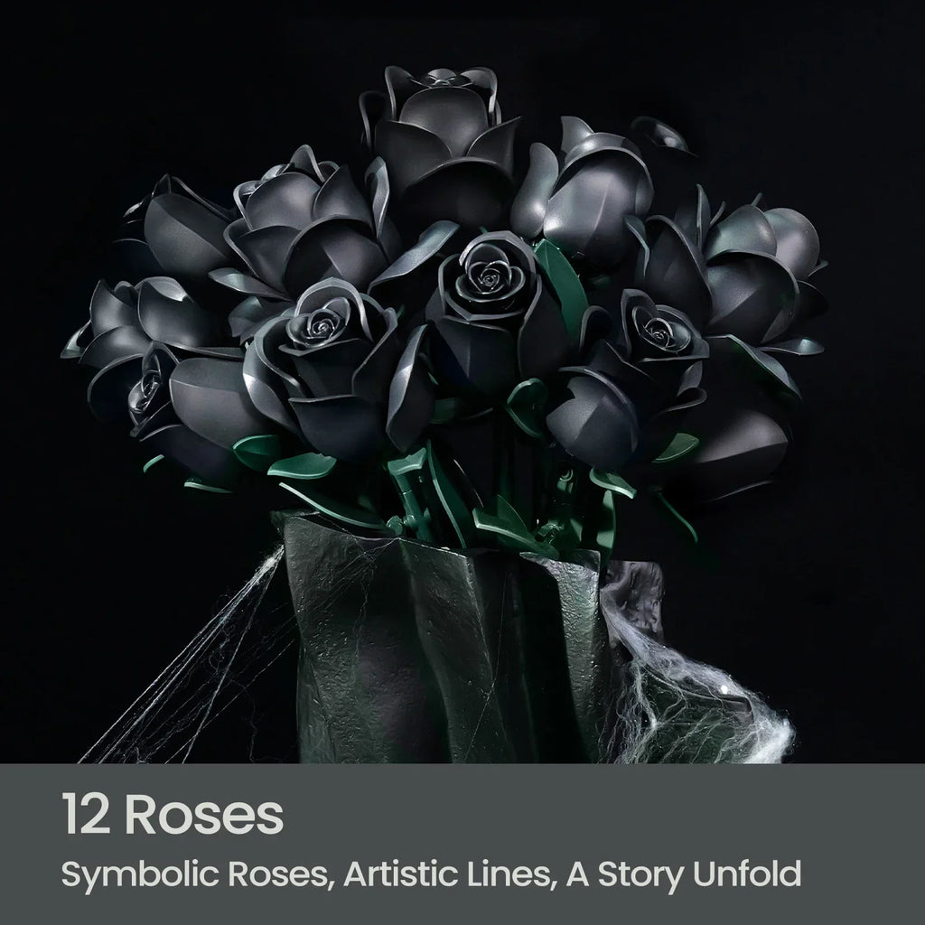 12 PCS Black Rose Building Block Set Plant Bouquet High Quality Simulated Roses Flowers Gothic Decoration Valentine's Day Gift