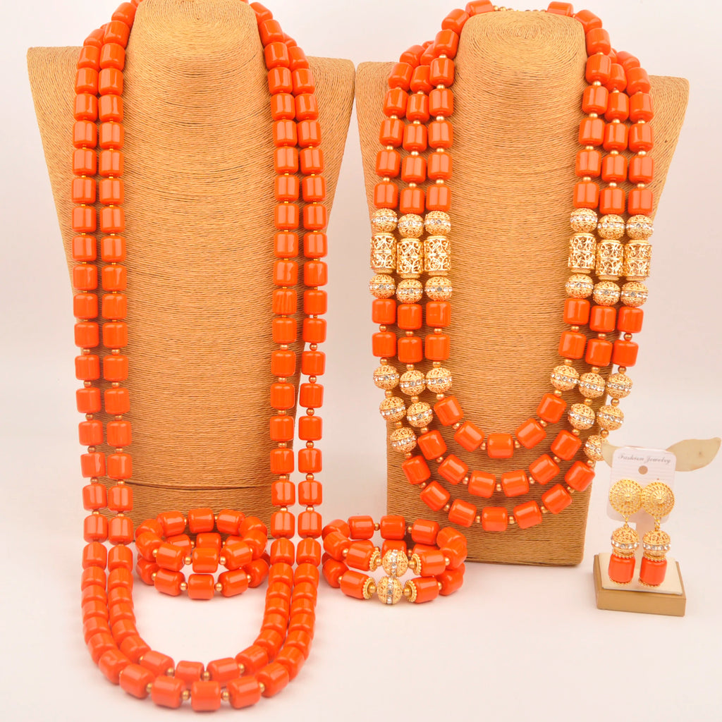 African Wedding Couple Set Orange Artificial Coral Beads Jewelry Set