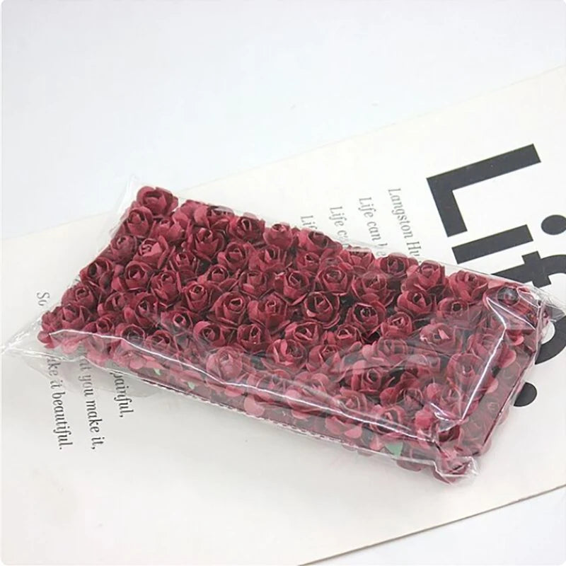 144PCS 1.5 cm Artificial Mini Paper Rose Bouquet For Scrapbooking For Wedding Party Decoration Cheap Artificial Rose Flowers