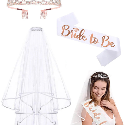 Hen Party Bride to Be Set Include Bride to Be Sash,Bridal Veil with Comb,Rhinestone Tiara for Bride Shower,Wedding,Bachelorette