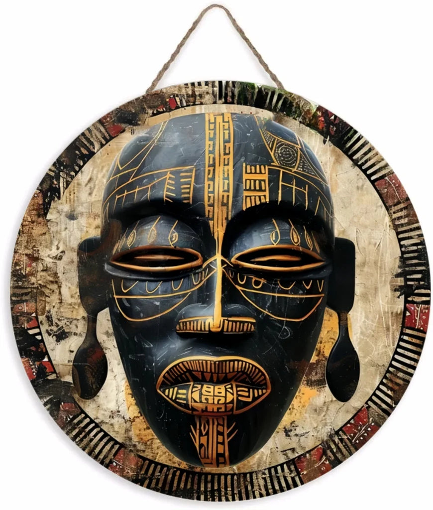 Unique African Mask Circular Wooden Sign with Artistic Design, Suitable for Home, Caf É, Bar, Office, Party Decoration, Gifts