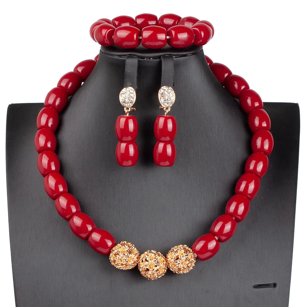 Pure African Bead Wedding Jewelry Set para Mulheres, Imitação Coral Colar, Nigéria Noiva Acessórios, Anniversary Party, Frete Grátis