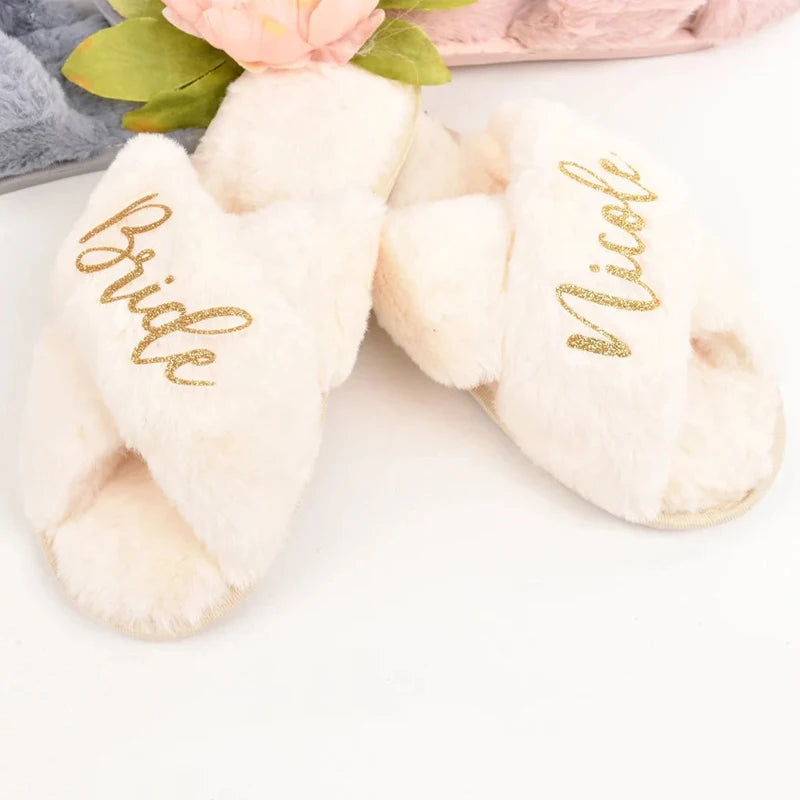 Custom Bride Fluffy Slippers Personalized Bridesmaid Proposal Bridal Shower Gift Wedding Bachelorette Party Spa Fuzzy Slippers