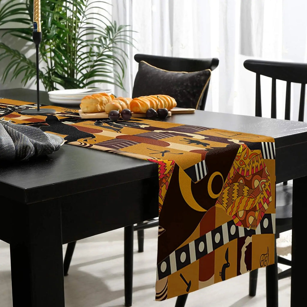 African Black Woman Rectangle Linen Table Runners Elephant and Giraffe Luxury Table Runners for Dining Table Wedding Party Decor