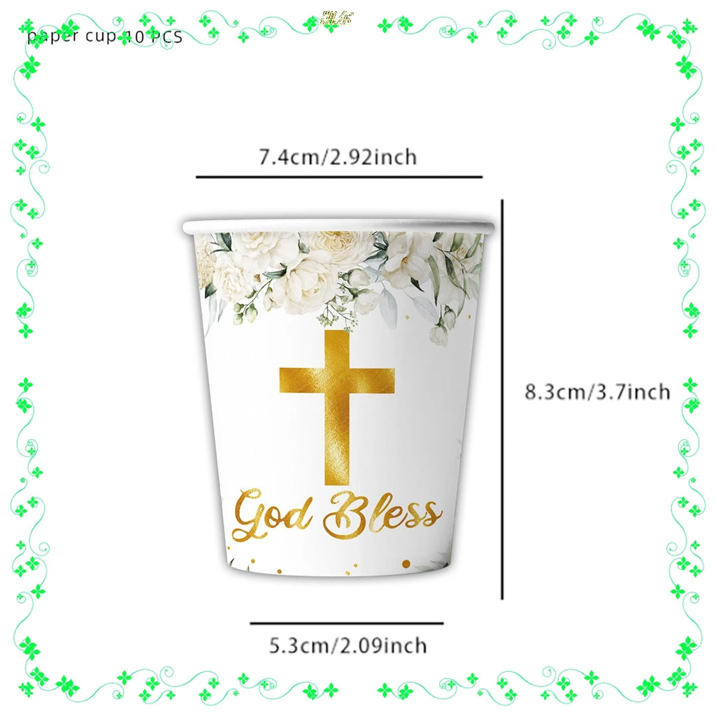 White Watercolor Green Leaf Cross Themed Baby Shower Party Tableware Set First Communion Party Decoration Supplies