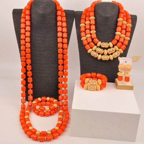 African Wedding Couple Set Orange Artificial Coral Beads Jewelry Set