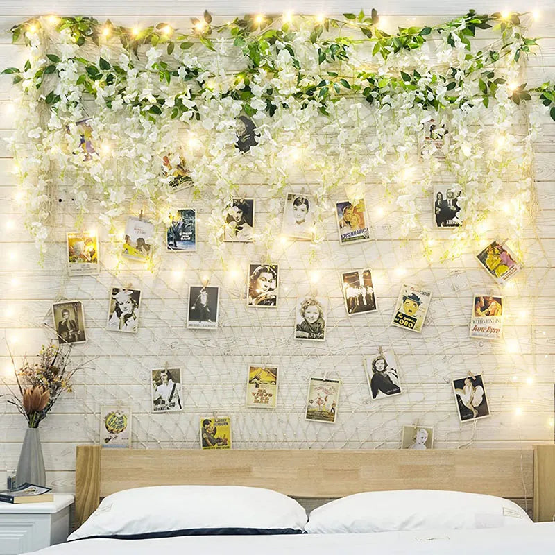 6ft Artificial Hanging Flower White Silk Wisteria Vine with Lights Garland for Aesthetic Bedroom Party Garden Home Decor Wedding