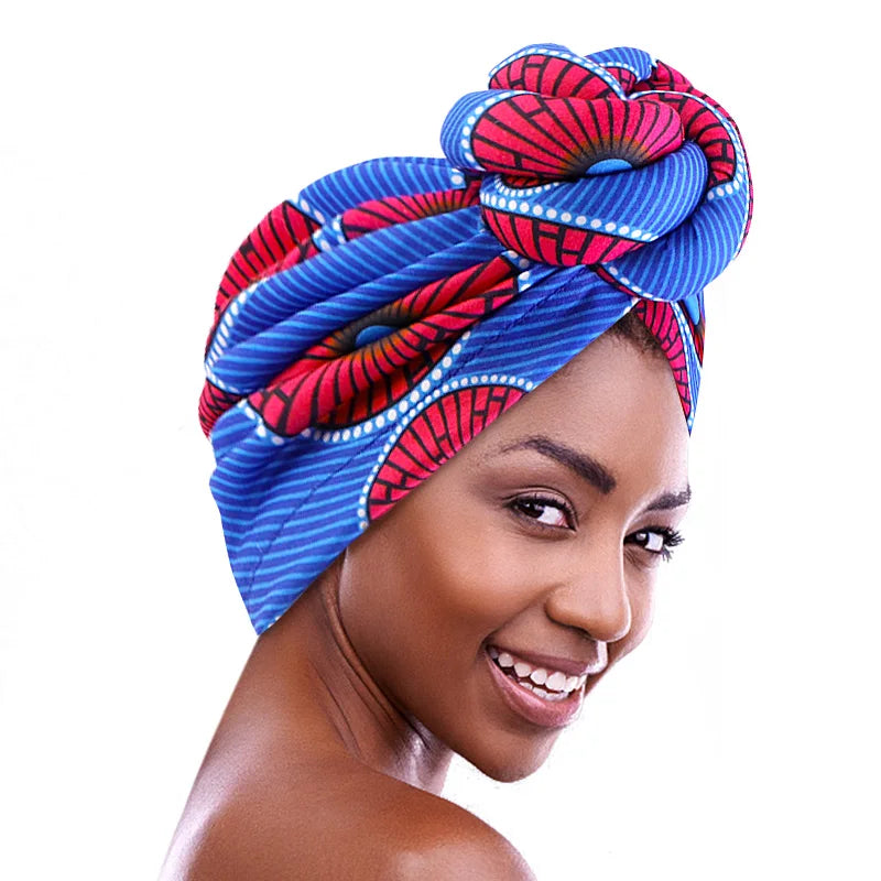 New Women African Print Large Flower Stretch Turban Headwrap Bonnet Hat Pre-Made Top Knot Head Wraps Wedding Party Headwear