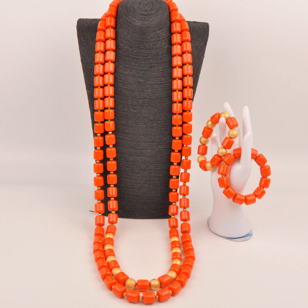 African Wedding Couple Set Orange Artificial Coral Beads Jewelry Set