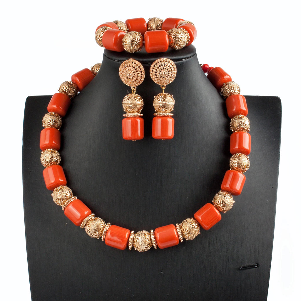 Pure African Bead Wedding Jewelry Set para Mulheres, Imitação Coral Colar, Nigéria Noiva Acessórios, Anniversary Party, Frete Grátis