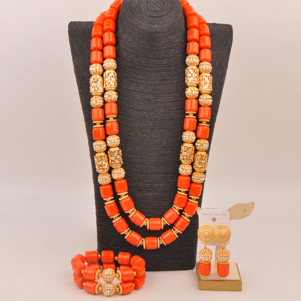 African Wedding Couple Set Orange Artificial Coral Beads Jewelry Set