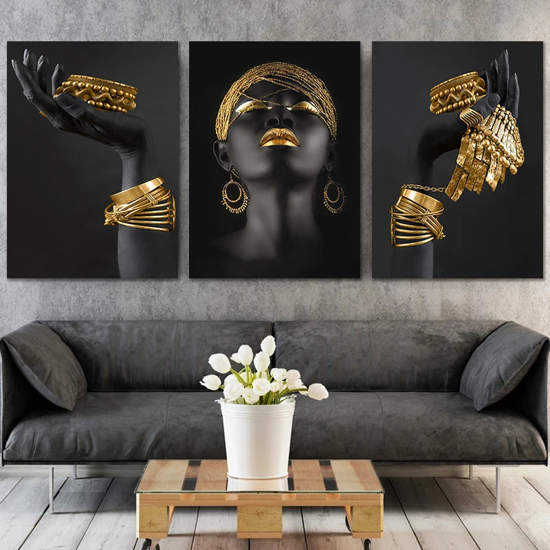 African Woman Wall Art Painting Posters And Print Big Black Woman Holding Gold Jewelry Canvas Picture For Living Room Home Decor