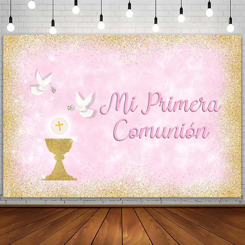 AIBIIN Boy or Girl Baptism Backdrop God Bless First Holy Communion Gold Dot Dove Photography Background Christening Party Decor