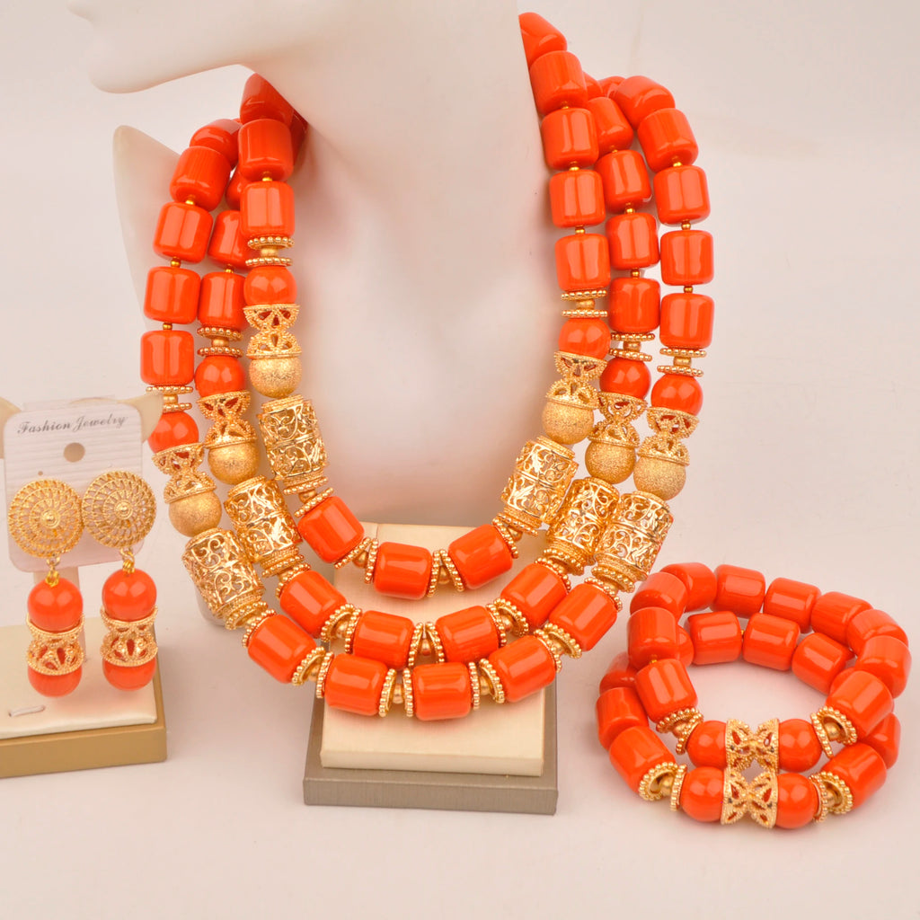 African Wedding Couple Set Orange Artificial Coral Beads Jewelry Set