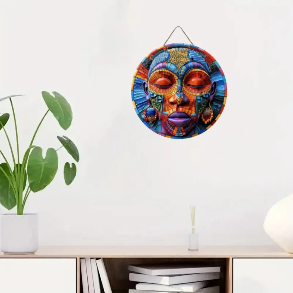 Unique African Mask Circular Wooden Sign with Artistic Design, Suitable for Home, Caf É, Bar, Office, Party Decoration, Gifts