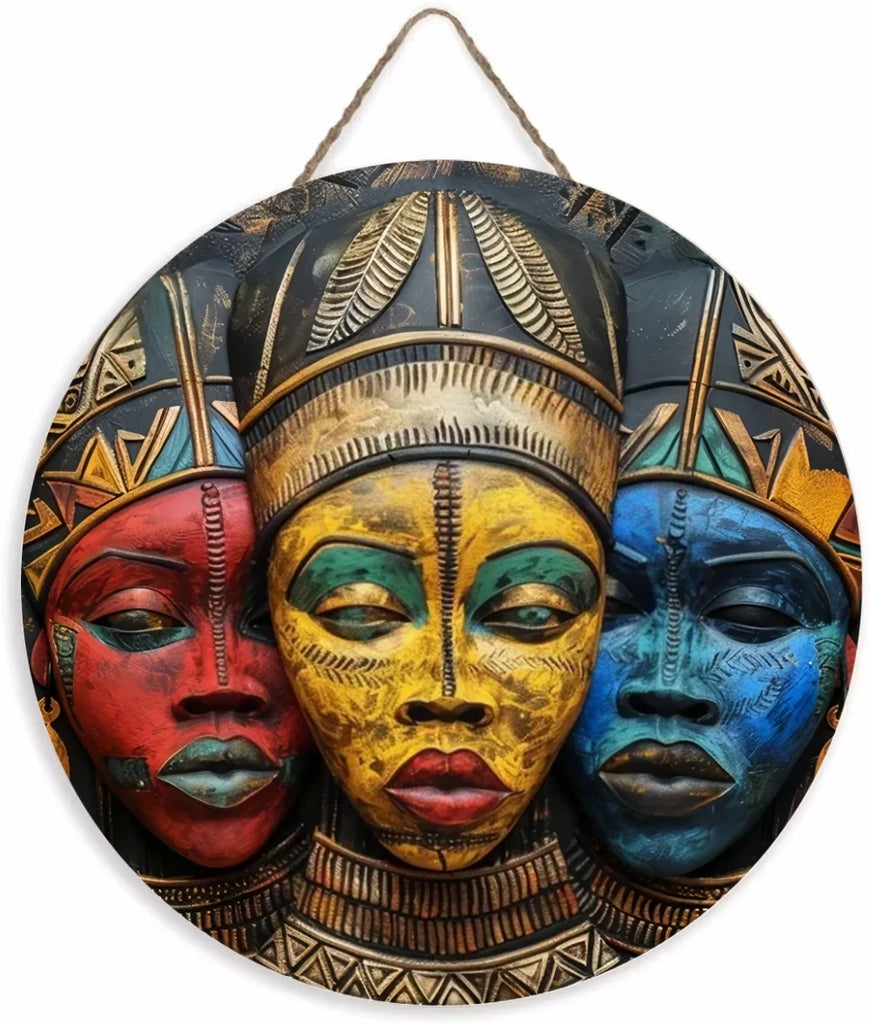 Unique African Mask Circular Wooden Sign with Artistic Design, Suitable for Home, Caf É, Bar, Office, Party Decoration, Gifts