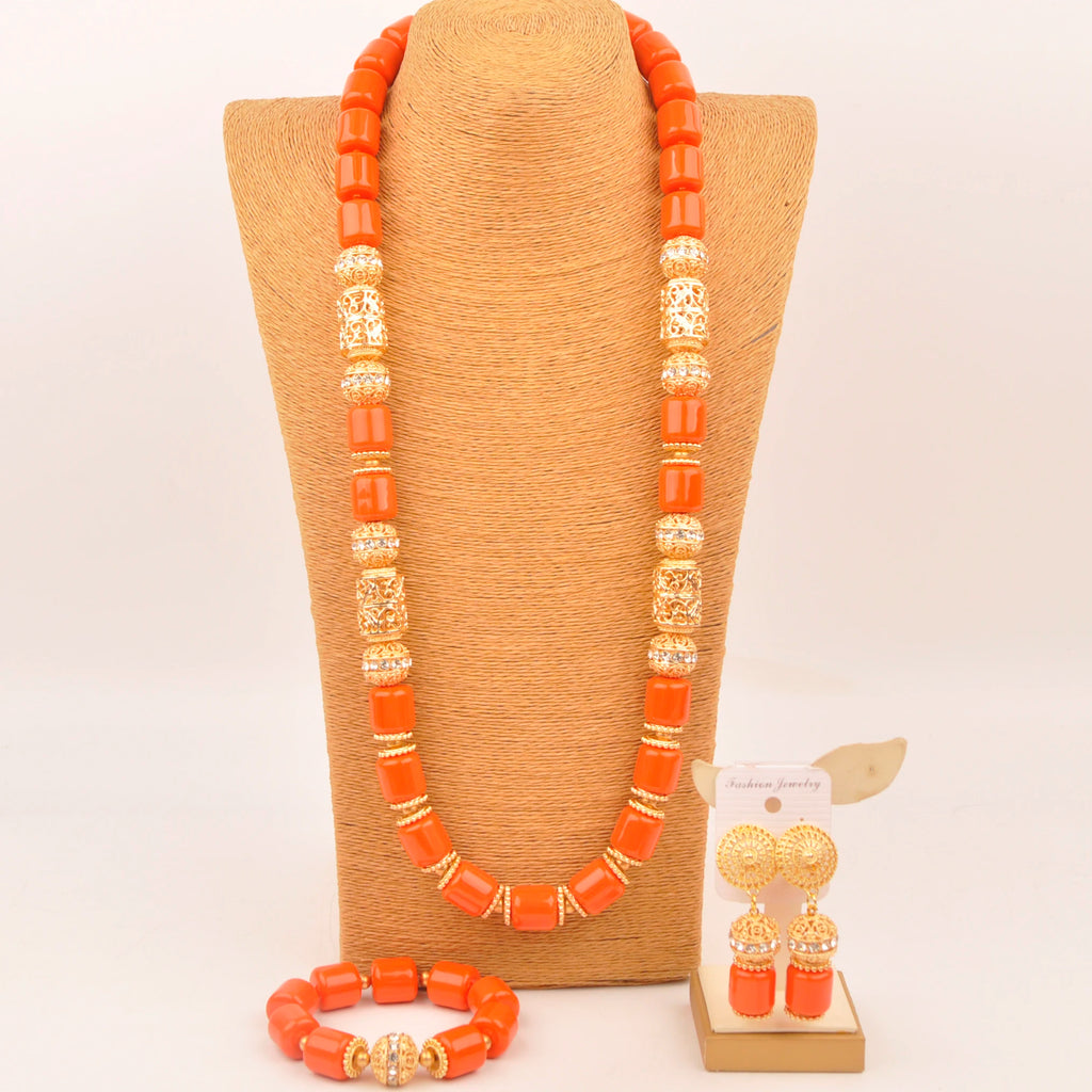 African Wedding Couple Set Orange Artificial Coral Beads Jewelry Set