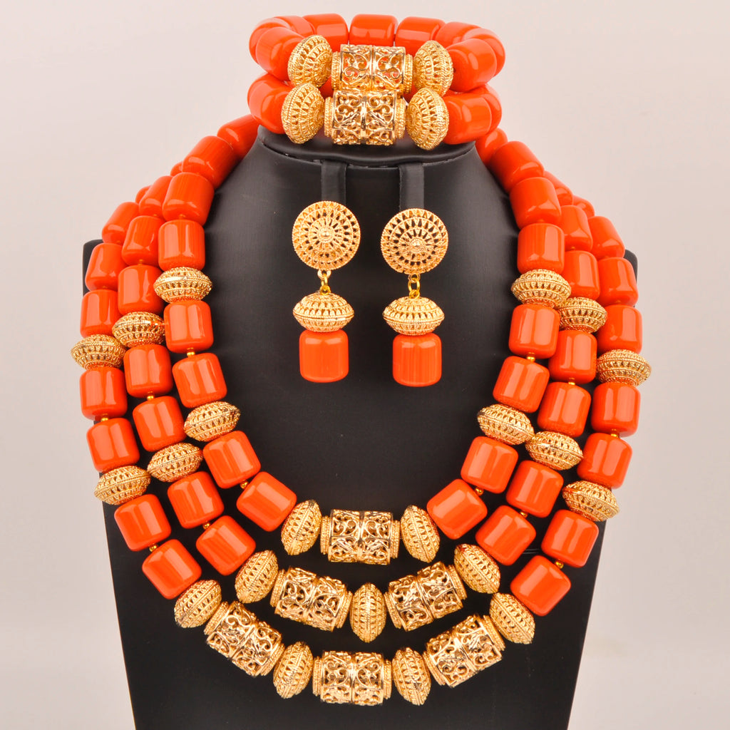 African Wedding Couple Set Orange Artificial Coral Beads Jewelry Set