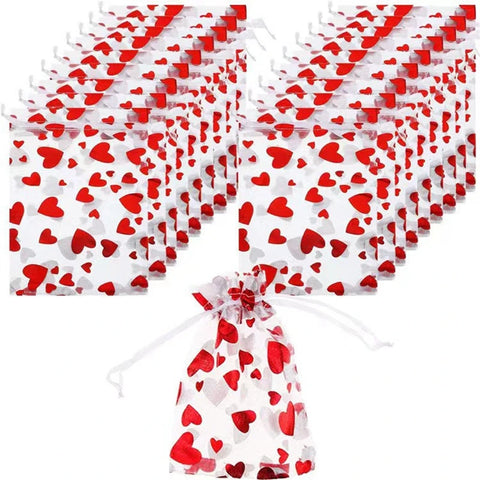 20pcs Red Love Heart Organza Bags Wedding Party Gift Candy Drawstring Bag Christmas Valentines Day Jewellery Pouches Display