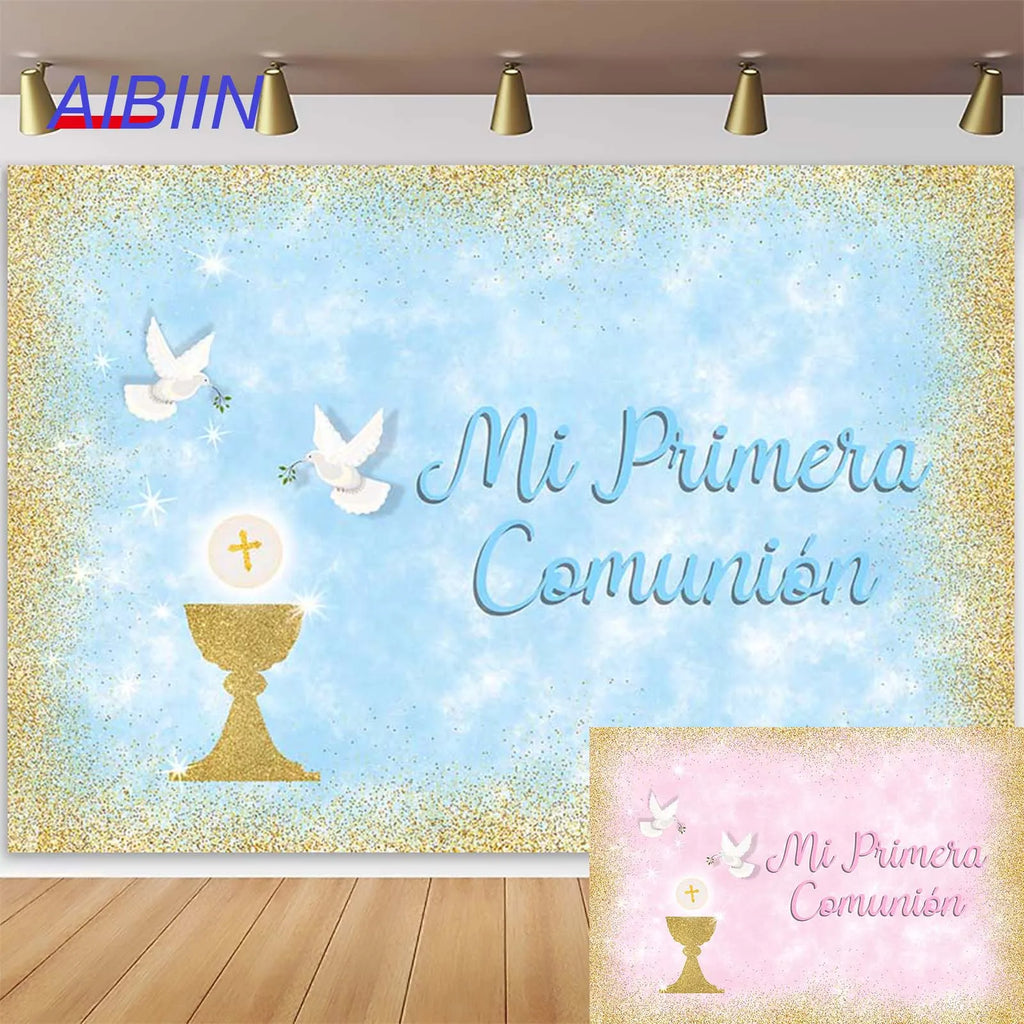 AIBIIN Boy or Girl Baptism Backdrop God Bless First Holy Communion Gold Dot Dove Photography Background Christening Party Decor