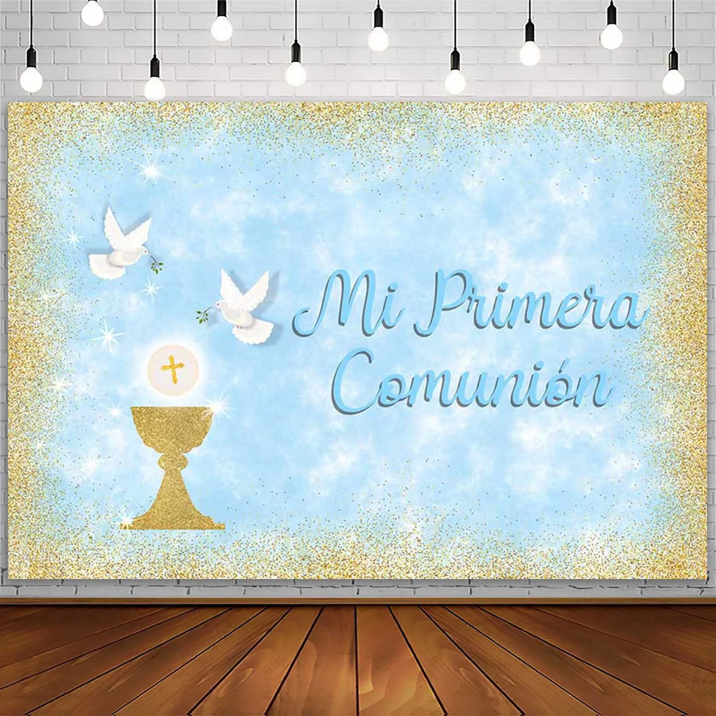 AIBIIN Boy or Girl Baptism Backdrop God Bless First Holy Communion Gold Dot Dove Photography Background Christening Party Decor