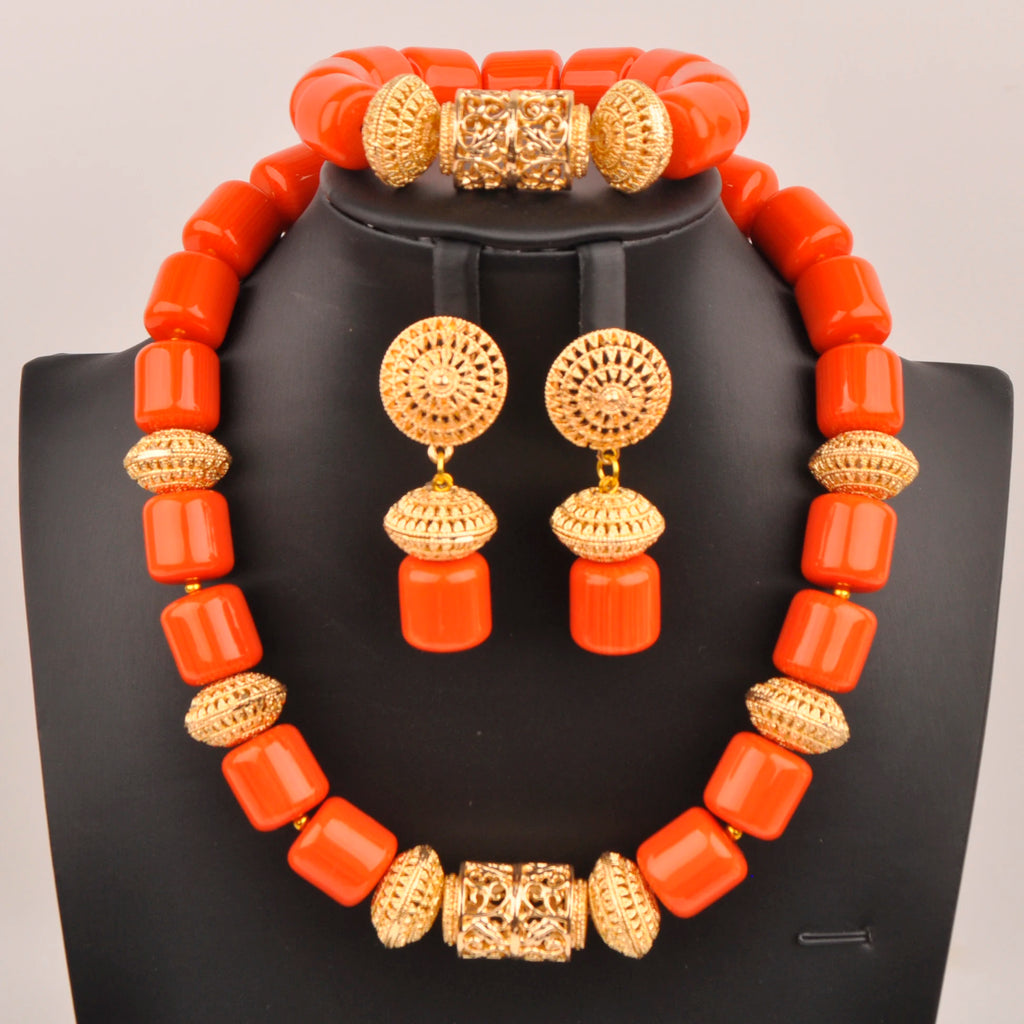 African Wedding Couple Set Orange Artificial Coral Beads Jewelry Set