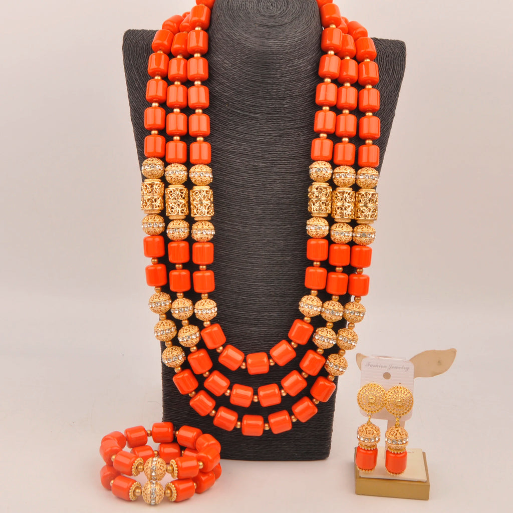 African Wedding Couple Set Orange Artificial Coral Beads Jewelry Set