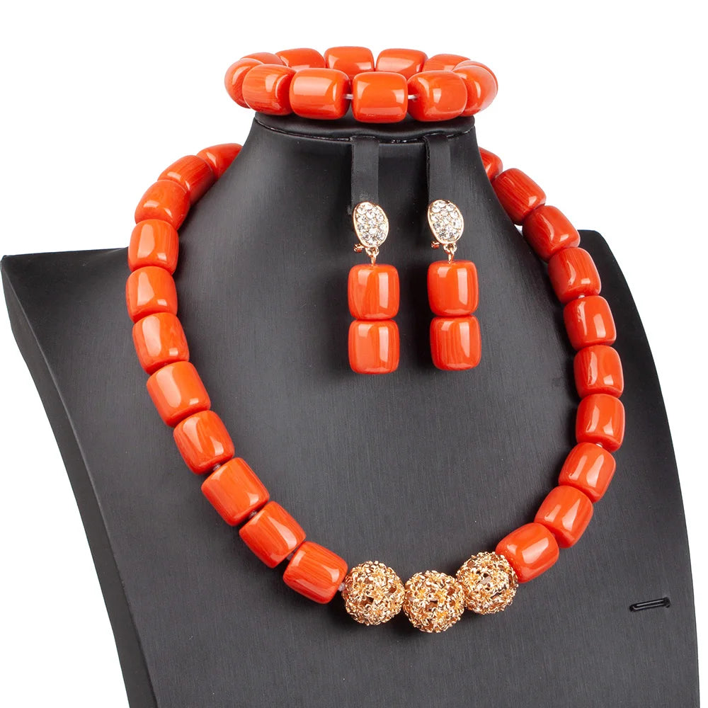 Pure African Bead Wedding Jewelry Set para Mulheres, Imitação Coral Colar, Nigéria Noiva Acessórios, Anniversary Party, Frete Grátis