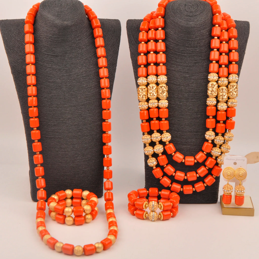 African Wedding Couple Set Orange Artificial Coral Beads Jewelry Set