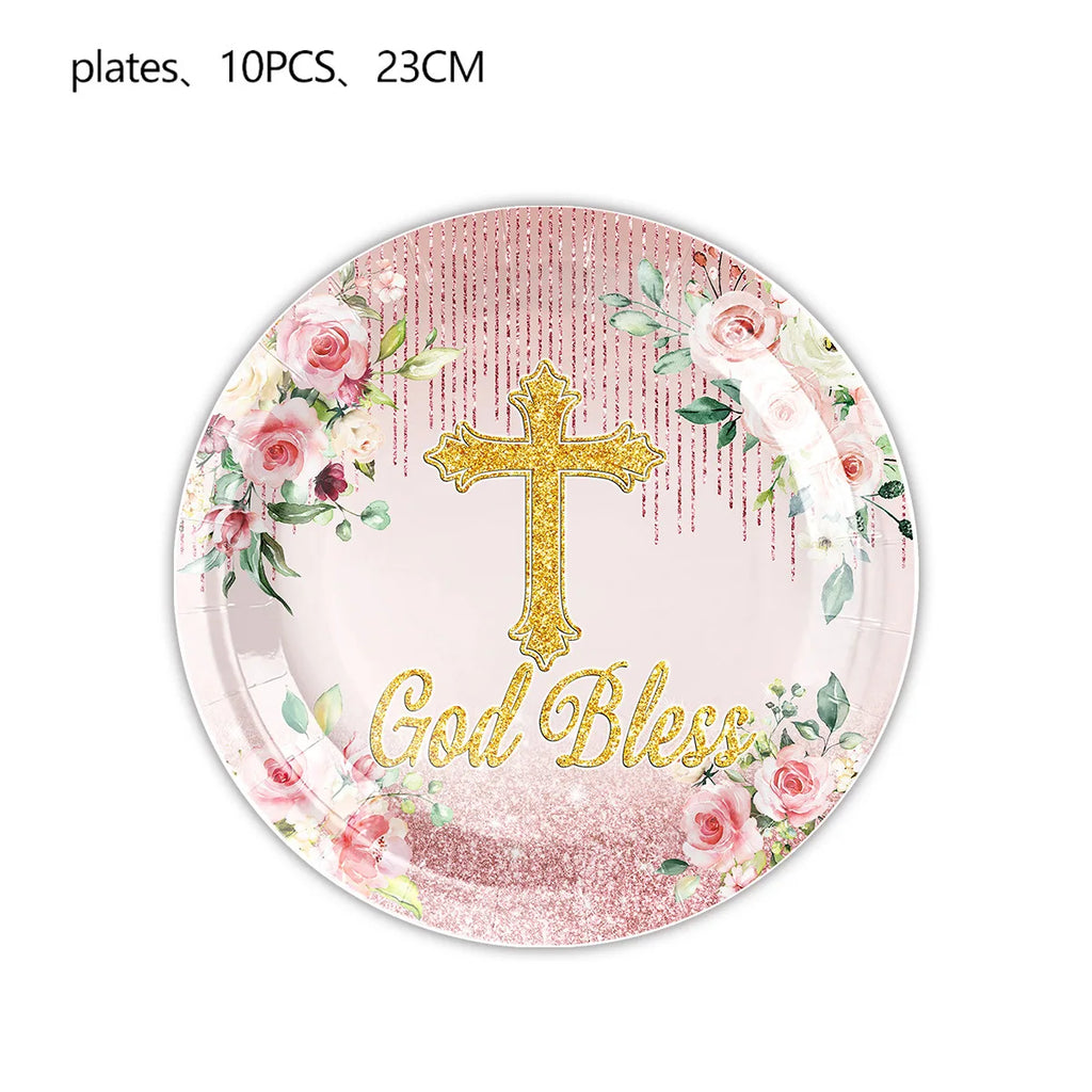 God Bless Pink Cross Flowers Newborn Baptism First Communion Flower Party Celebration Baby Shower Religious Tableware Supplies