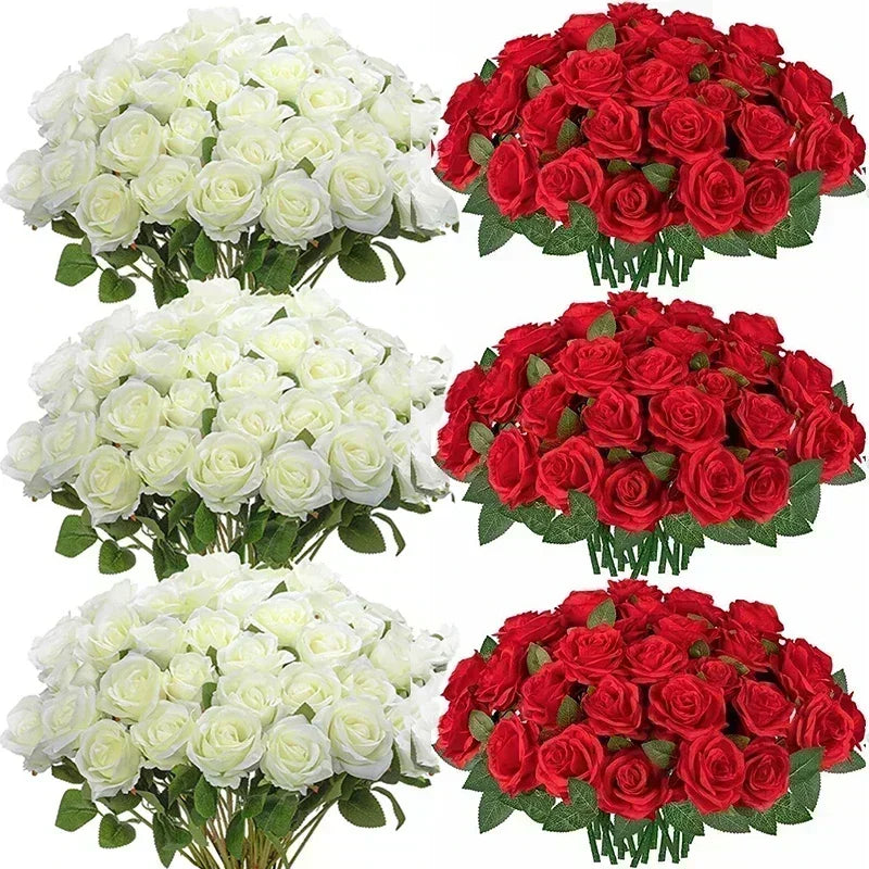 50 Pcs Artificial Rose Flower Silk Roses Bouquet Real Looking Fake Roses for Home Wedding Centerpieces Party Decorations