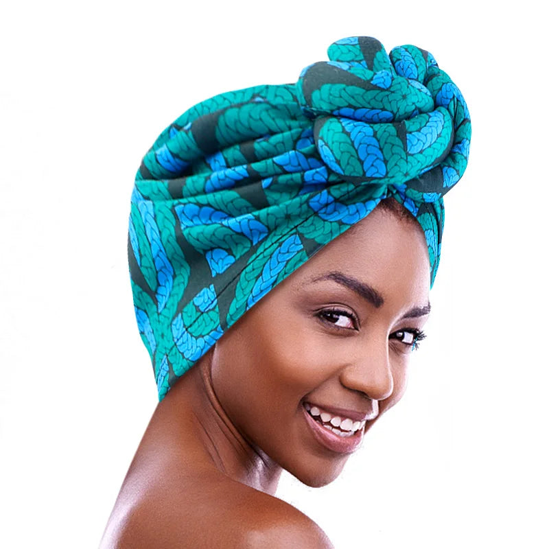 New Women African Print Large Flower Stretch Turban Headwrap Bonnet Hat Pre-Made Top Knot Head Wraps Wedding Party Headwear