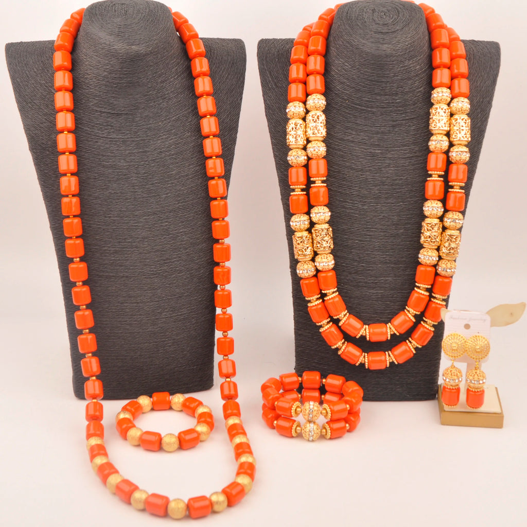 African Wedding Couple Set Orange Artificial Coral Beads Jewelry Set