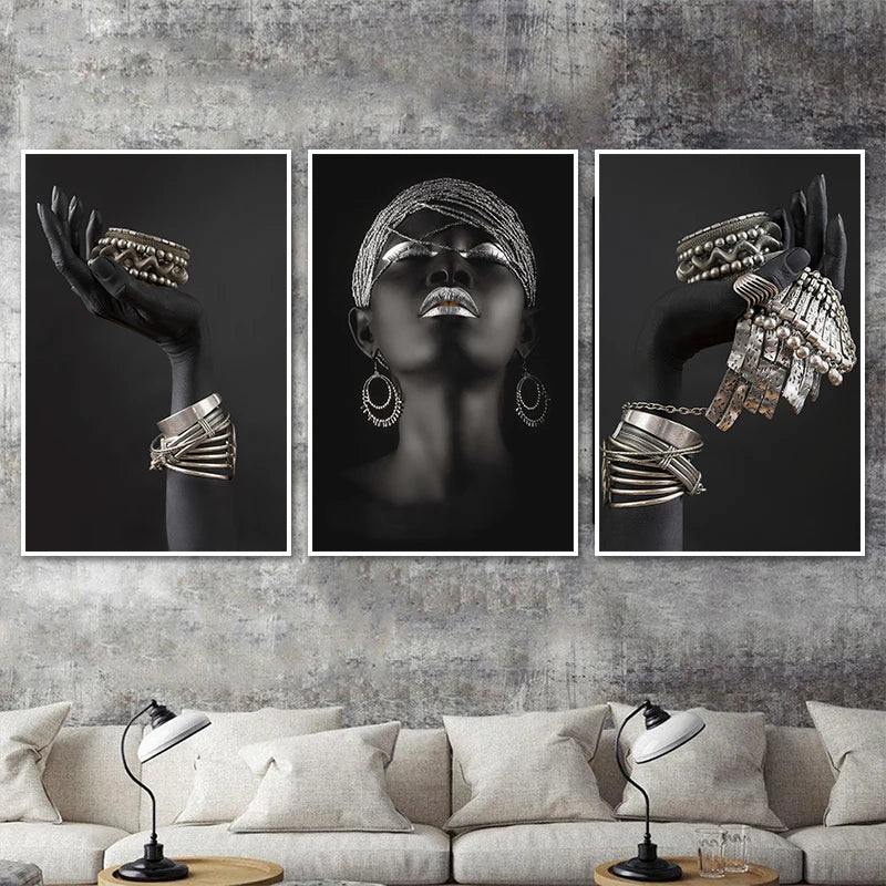 African Woman Wall Art Painting Posters And Print Big Black Woman Holding Gold Jewelry Canvas Picture For Living Room Home Decor