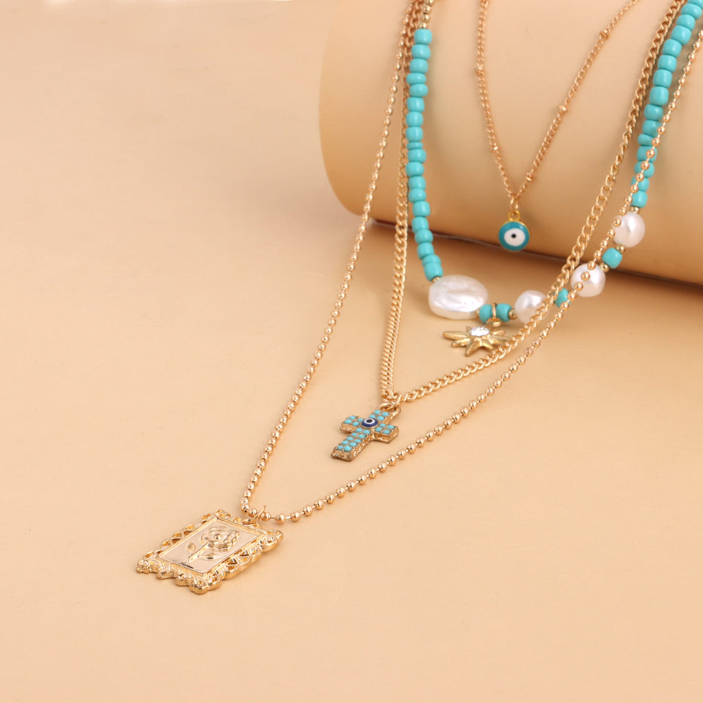 Bohemian Fashion Multilayer Blue Eyes Rose Flower Cross Pendant Necklace