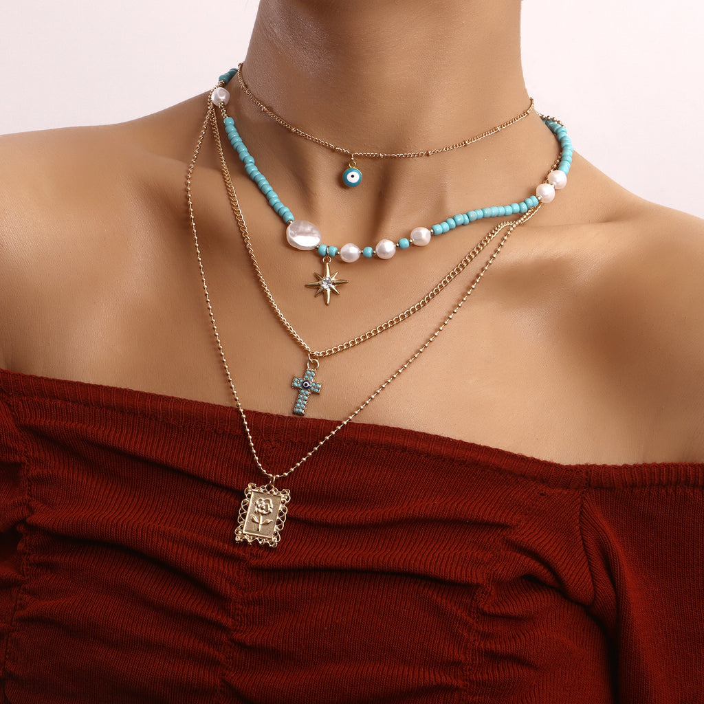 Bohemian Fashion Multilayer Blue Eyes Rose Flower Cross Pendant Necklace